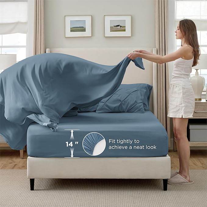 Bedsure Full Comforter Set Mineral Blue - Bed in a Bag Full Size Bedding Set 7 Pieces, GentleSoft™ Pintuck Bed Set Gift for Family, Pinch Pleat All Season Comforter with Sheets, Pillowcases & Shams