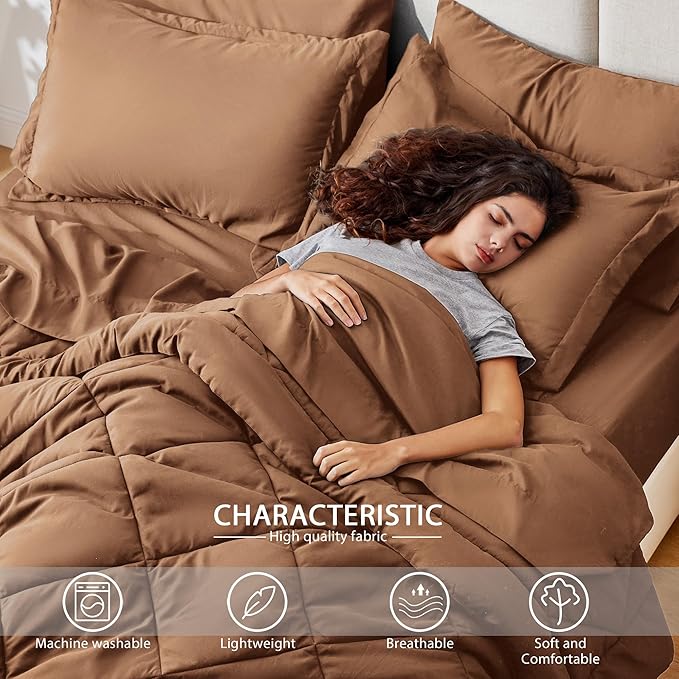 Love's cabin Twin Comforter Set Mocha Mousse, 5 Pieces Twin Bed in a Bag, All Season Bedding Sets with 1 Comforter, 1 Flat Sheet, 1 Fitted Sheet, 1 Pillowcase and 1 Pillow Sham