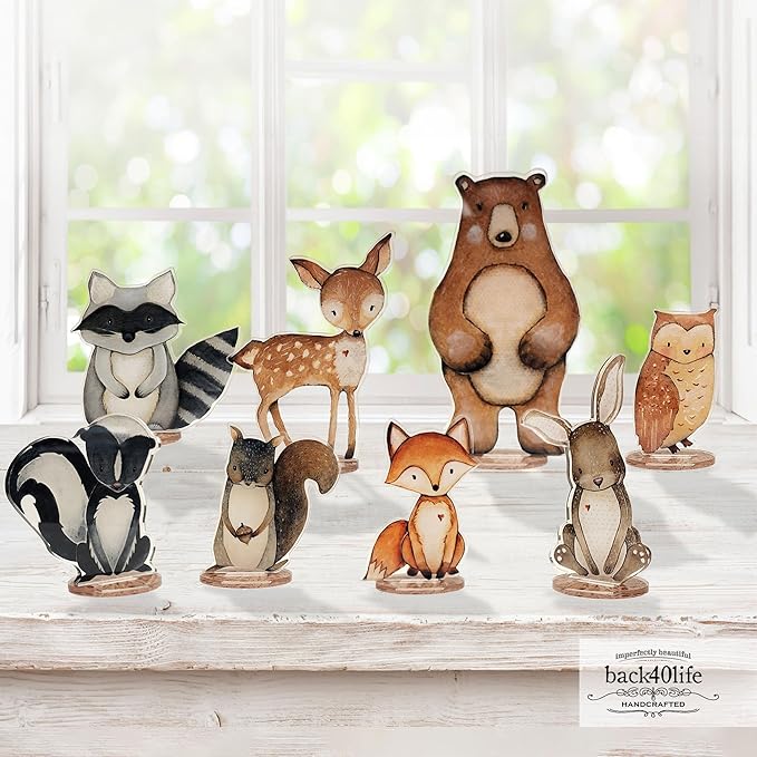 Back40Life Forest Critters Painted Wooden Animal Cutout Shapes (Acrylic Medium + Stands (Bundle of 8))