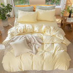 MooMee Bedding Duvet Cover Set 100% Washed Cotton Linen Like Textured Breathable Durable Soft Comfy (Heathered Butter Yellow, King 104"x90")