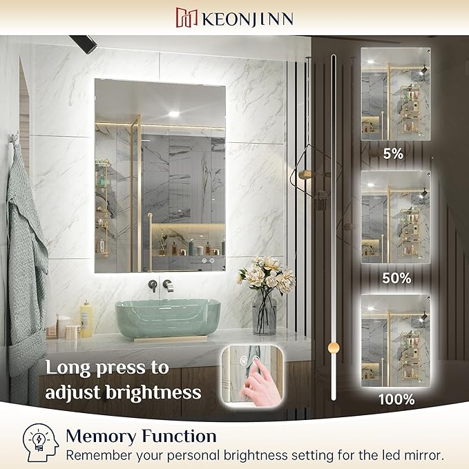 Keonjinn Bathroom Mirror with Lights 32 x 36 Inch, LED Mirror with Backlit, Anti Fog Lighted Mirror with Stepless Dimmable, UL Listed LED Driver, IP44 Waterproof, CRI90+, HD Tempered Glass