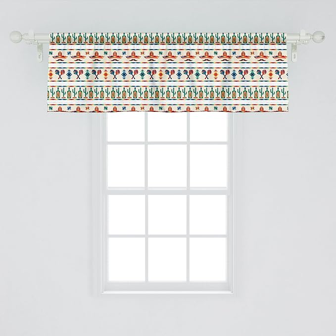 Ambesonne Mexican Window Valance, Latin American Cultural Native Borders Indigenous Saguaro Sombrero Tequila Bottle, Curtain Valance for Kitchen Bedroom Decor with Rod Pocket, 42" x 18", Jade Green
