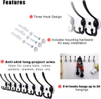 Dseap Coat Rack Wall Mount - 29.5” Long 8-Tri-Hooks Heavy Duty Coat Hanger Rail Wall Hooks for Hanging Coats Hats Clothing Clothes Purse Mudroom Entryway, White & Black, Pack of 2