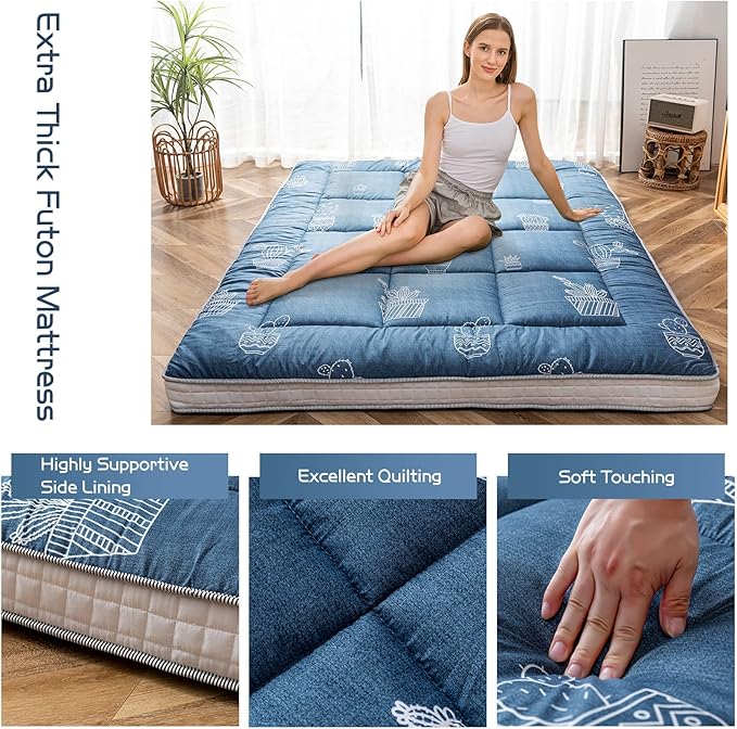 MAXYOYO Grey Cactus Pattern Queen Size Futon Mattress, Quilted Bed Mattress Topper, Extra Thick Folding Sleeping Pad, Breathable Floor Lounger, Guest Bed for Camping, Couch