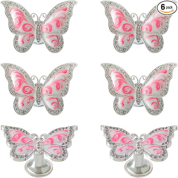 Butterfly Cabinet Knobs,6 Pieces Butterfly Knobs Single Hole Pulls Handles Decorative Door Cabinet Drawer Cupboard Furniture Door Wardrobe (Pink)