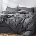 MooMee Bedding Duvet Cover Set 100% Washed Cotton Linen Like Textured Breathable Durable Soft Comfy (Heathered Dark Grey, Twin 68"x90")