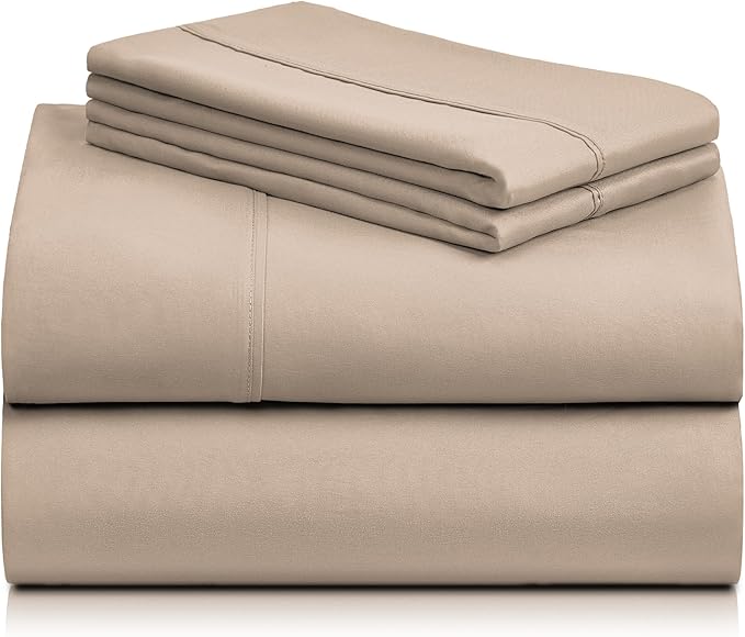 LuxClub 4 PC King Sheet Set, Deep Pockets Wrinkle Free Cooling Bed Sheets Hotel Bedding for Women, Men, Kids & Teens, Includes 1 Fitted Sheet, 1 Flat Sheet and 2 Pillowcases - Silky Soft Light Khaki