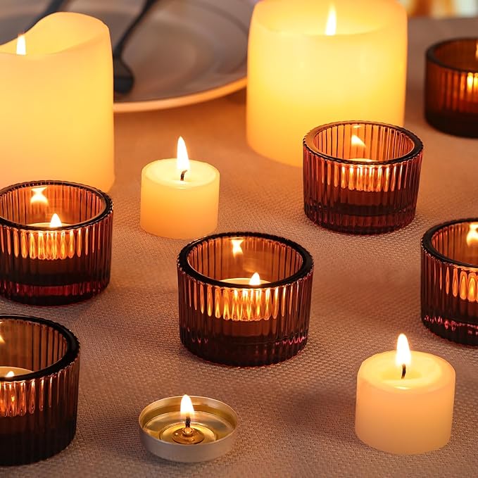 Tealight Candle Holder Set of 12, Amber Small Votive Candle Holders for Table Centerpiece,Glass Tea Light Candles Holder for Party&Home,Wedding Decor