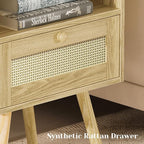 SUPERJARE Nightstand with Charging Station & Rattan-Like Decor Drawer, Rattan End Table with Solid Wood Feet, Bed Side Table with Open Storage, for Bedroom, Living Room, Dormitory - Natural