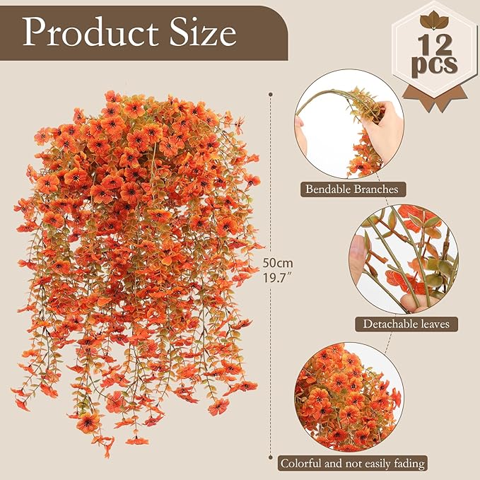 12 Pcs Artificial Hanging Mums Flowers Outdoor, Orange UV Resistant Fake Hanging Fall Plants for Outdoor Planter Patio Front Door Window Autumn Decoration (12, Orange)
