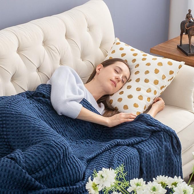 Bedsure Cooling Cotton Waffle Weave Blanket - Lightweight Breathable Blanket of Rayon Derived from Bamboo for Hot Sleepers, Luxury Throws for Bed, Couch and Sofa, Navy, 50x70 Inches