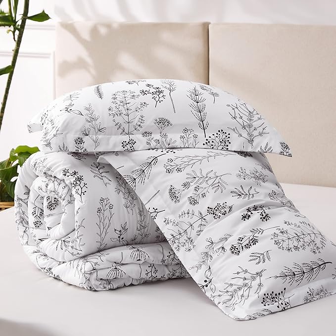 Bedsure Twin/Twin XL Comforter Set - Bright White Bed Set, 2 Pieces Cute Floral Bedding, 1 Soft Reversible Botanical Flowers Comforter and 1 Pillow Sham