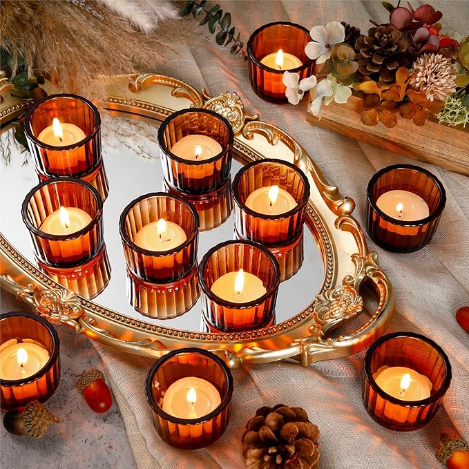 Mumufy 100 Pack Glass Tealight Candle Holder Ribbed Votive Candle Holder for Centerpiece Wedding Proposal Spa Aromatherapy Meditation Home Decor(Amber)