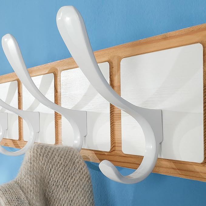SKOLOO Coat Rack Wall Mount - Scandi-Style Wooden Carved-Block Coat Hook, Wall Coat Hanger with 10 Hooks for Hanging Coats, Hats, Clothing, Scarfs, Natural & White