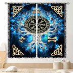 Tree of Life Curtains, Vikings Celtic Nordic Life Tree Scandinavian Aesthetic Mythology Blue Window Drapery Treatments for Bedroom Living Room Bathroom 2 Panels, 55"x63" Inch