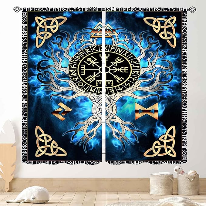 Tree of Life Curtains, Vikings Celtic Nordic Life Tree Scandinavian Aesthetic Mythology Blue Window Drapery Treatments for Bedroom Living Room Bathroom 2 Panels, 63"x63" Inch