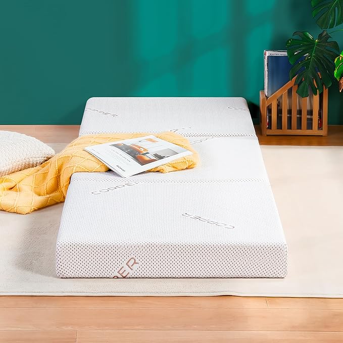 Olee Sleep Tri-Folding Antibacterial Memory Foam Mattress Topper, 4 Inch Copper Bamboo Gel Folding Mattress, Washable Cover, CertiPUR-US Certified, Soft, White, Single Size
