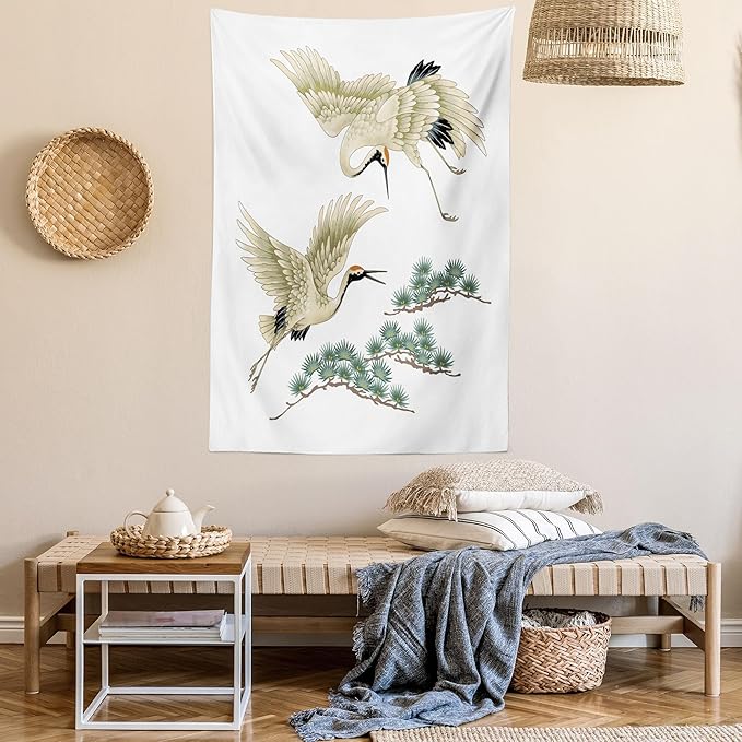 Lunarable Bird Tapestry Twin Size, 2 Japanese Cranes Flying Traditional Painting Style Far Eastern Illustration, Wall Hanging Bedspread Bed Cover Wall Decor, Twin Size, Ivory Green Black