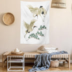 Lunarable Bird Tapestry Twin Size, 2 Japanese Cranes Flying Traditional Painting Style Far Eastern Illustration, Wall Hanging Bedspread Bed Cover Wall Decor, Twin Size, Ivory Green Black