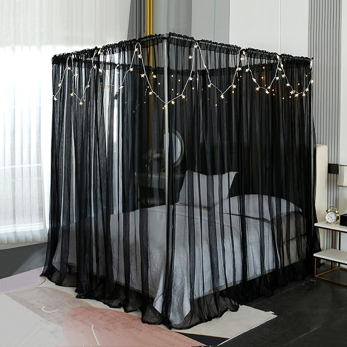 Akiky Canopy for Girls Room Bed Curtains Elegant Sheer Curtain for Twin Full Queen King Size Bed Drapes,8 Panels Canopies with Light,Room Décor(Full/Queen,Black)
