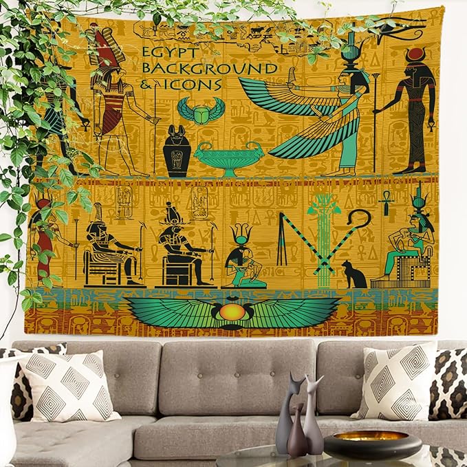 Batmerry Yellow Ancient Egyptian Tapestry, Horus Wall Art Hanging Decoration Polyester Fiber White Ruffled Around For Dorm Room Bedroom Living Room, 30 X 40 Inches
