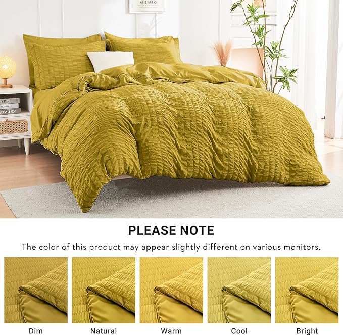 HYMOKEGE Mustard Yellow King Size Comforter Set Seersucker 7 Pieces, All Season Luxury Bed in a Bag for Bedroom, Bedding Set with Comforter, Sheets, Pillowcases & Shams