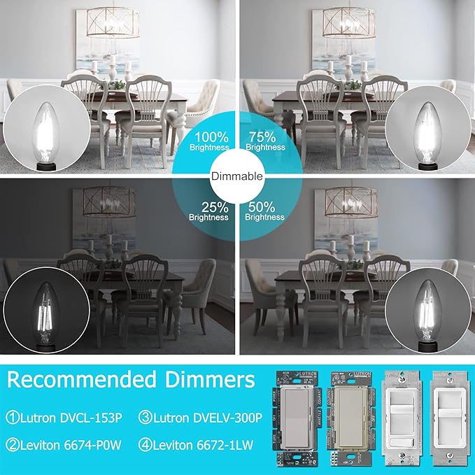 Cotanic Dimmable E12 Candelabra LED Bulb 5000K Daylight 60W Equivalent, Ceiling Fan Light, Type B Candle C35 Filament Chandelier Clear Glass, 600LM, 6 Pack