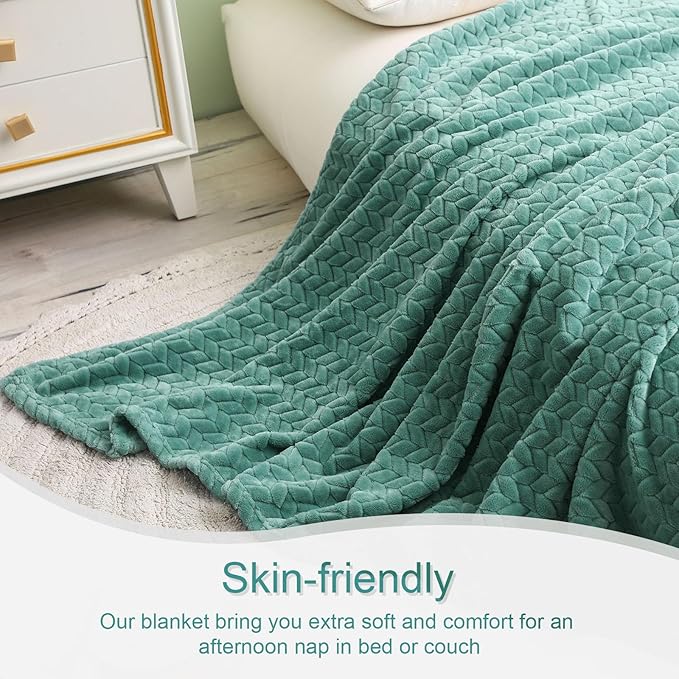 Exclusivo Mezcla Fleece Queen Size Blanket for Bed, 90x90 Inches Soft Cozy Jacquard Flannel Blankets, Lightweight Fuzzy Plush Warm for Winter, Celadon