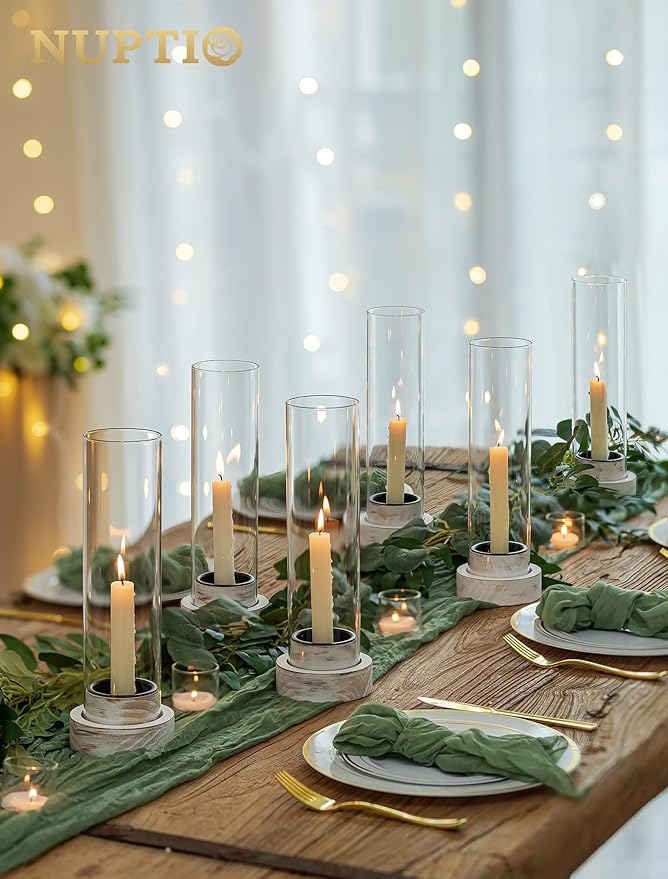 NUPTIO Dripless Candlestick Holders with Wax Catchers: Set of 2 Hurricane Glass Candle Holders with Metal Bobeches for Easier Reuse - White Wood Farmhouse Home Decor for Christmas Fireplace