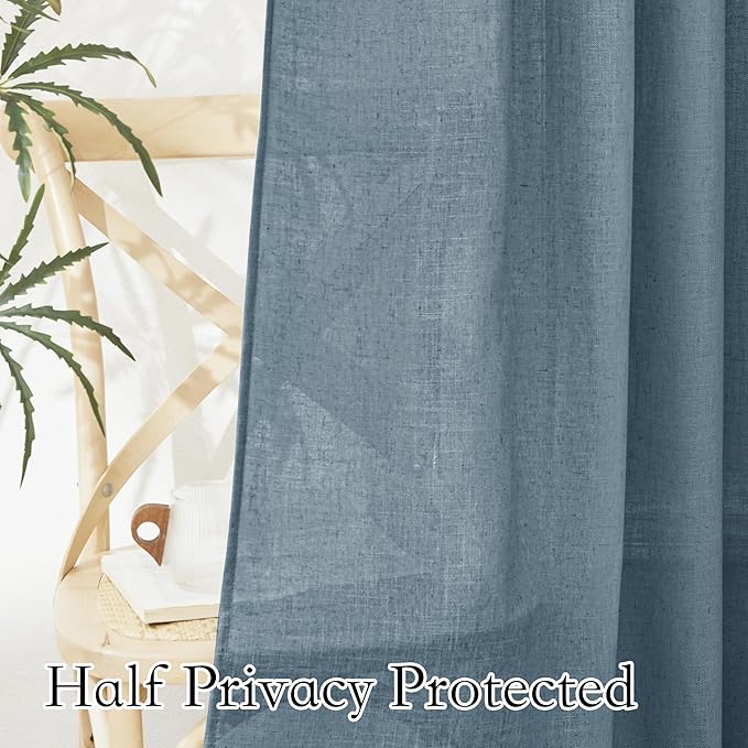 RYB HOME Linen Curtains 84 Inch Length - Semi Sheer Light Filtering Vertical Privacy for Kitchen Bedroom Glass Door Natural Airy Farmhouse Window Decor, W 60 x L 84 inches, Stone Blue, 1 Panel