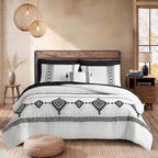 MaiRêve Embroidery Comforter Set King Size 7 Pieces, Boho Farmhouse Western Bedding All Season Bed in A Bag, White Black King Comforter Set with Sheets, Pillowcases & Shams