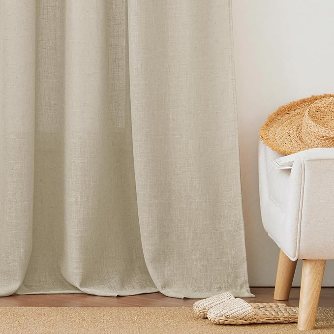 RYB HOME Linen Curtains Semi Sheers for Living Room Privacy Light Airy Large Window Decor for Bedroom Dining Canopy Bed Bath, Beige, W 52 x L 95, 2 Panels