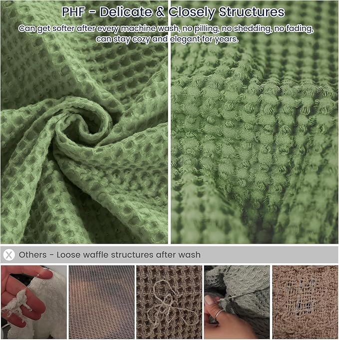PHF 100% Cotton Waffle Weave Throw Blanket，Pre-Washed Snag Proof Lightweight Breathable Moisture-Wicking for Layering in Cold Weather for Couch Bed,Machine Washable,Home Decor Gift-Loden Green