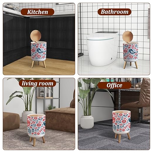 Small Trash Can with Lid Scandinavian Folk Art Seamless Birds Flowers spirng Happy Garbage Bin Pet Proof Waste Basket for Kitchen Bathroom Office Bedroom Decorative 1.8 Gallon