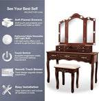 ENSTVER Vintage Vanity Desk with Mirror and Lights, Tri-Folding Mirrors, 6 Organization 7 Drawers Makeup Dress Vanity Table with Cushioned Stool-Espresso