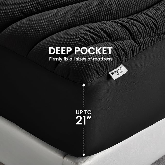 SLEEP ZONE Full Size Cooling Mattress Topper for Double Bed, Premium Zoned Cool Mattress Pad Cover, Padded Mattress Protector Breathable Washable, Deep Pocket 8-21" (Black, Full)