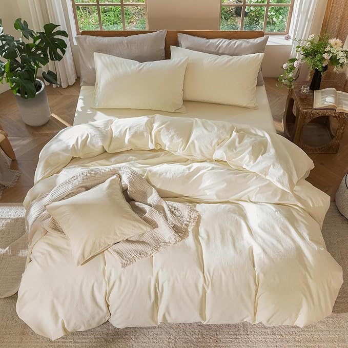 MooMee Bedding Duvet Cover Set 100% Washed Cotton Linen Like Textured Breathable Durable Soft Comfy (Solid Cream White, Oversized King Plus 128"x120")