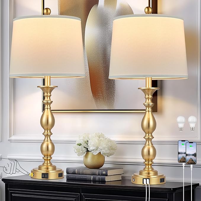 28" Tall Modern Table Lamps Set of 2 with USB A+C Ports and AC Outlet, 3 Way Touch Metal Bedside Lamps for Bedroom, Gold Farmhouse Nightstand Lamps for Living Room