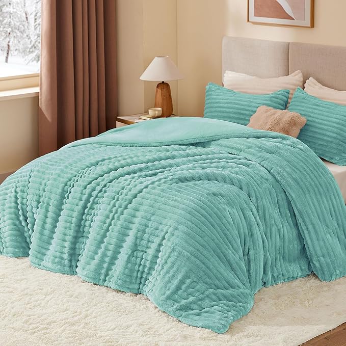 BEDELITE Fleece Queen Comforter Set -Super Soft & Warm Fluffy Haze Blue Bedding, Luxury Fuzzy Heavy Bed Set for Winter with 2 Pillow Cases