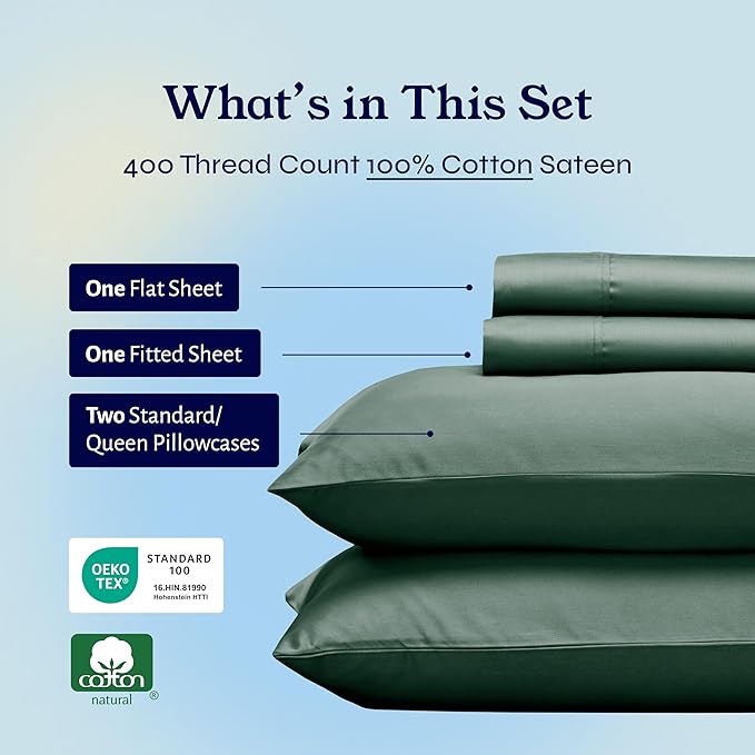 California Design Den Natural 100% Cotton Sheets, Soft Queen Sheet Set, 400 Thread Count Sateen, Deep Pockets with All-Around Elastic for a Snug Fit, Cool & Durable Bedding Set - Hunter Green