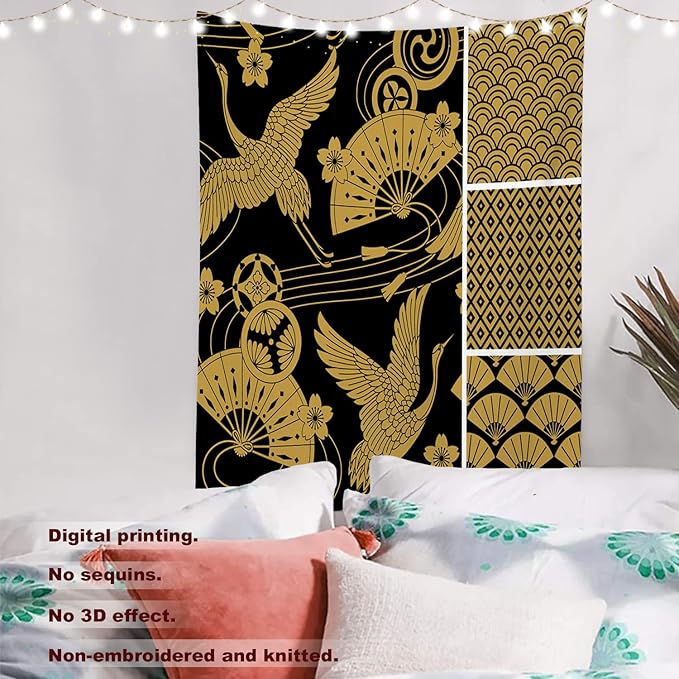 Batmerry Black Oriental Tapestry,Gold Japanese Fan Wall Art Hanging Decoration Polyester Fiber White Ruffled Around for Dorm Room Bedroom Living Room, 82.7x59.1 inches