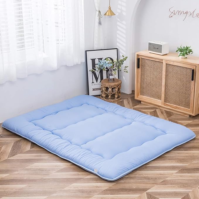 MAXYOYO Japanese Floor Mattress Futon Mattress, Thicken Sleeping Pad Foldable Roll Up Floor Futon for Adults Tatami Mat Dormitory Bed Lounger, Dusty Blue, Full Size