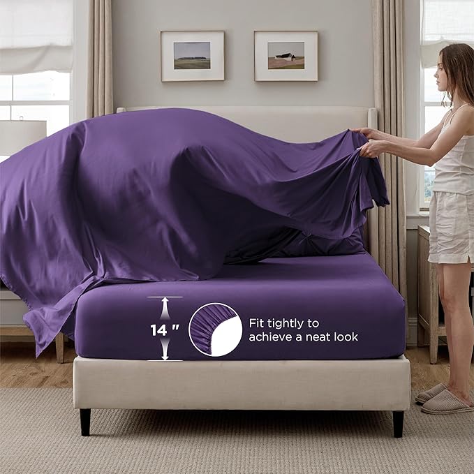 Bedsure Queen Comforter Set Purple - Bed in a Bag Queen Size Bedding 7 Pieces, GentleSoft™ Pintuck Bed Set Gift for Family, Pinch Pleat All Season Comforter with Sheets, Pillowcases & Shams