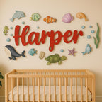 Custom Nursery Name Sign with Themed Decor Kit | Personalized Wooden Wall Art for Baby, Kids Room | Space, Jungle, Circus, Under the Sea, Woodland, Rainbow (10", Under the Sea)