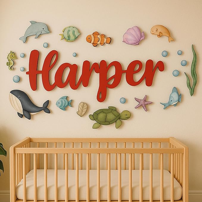 Custom Nursery Name Sign with Themed Decor Kit | Personalized Wooden Wall Art for Baby, Kids Room | Space, Jungle, Circus, Under the Sea, Woodland, Rainbow (40", Under the Sea)