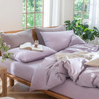MooMee Bedding Duvet Cover Set 100% Washed Cotton Linen Like Textured Breathable Durable Soft Comfy (Heathered Light Purple, Cal King 104"x98")