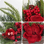 Christmas Centerpiece 11 Inch Artificial Norfolk Pine in Rustic Wooden Pot Flower Arrangement with Magnolia Flowers Pine Greenery Red Berries Ornaments for Dining Table Holiday Party Mantel Xmas Decor