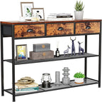 Furologee Entryway Table, 38'' Console Sofa Table with 3 Fabric Drawers, Industrial Entry Way Table with Storage Shelves, Display Shelf for Living Room, Hallway, Entrance, Foyer, Rustic Brown