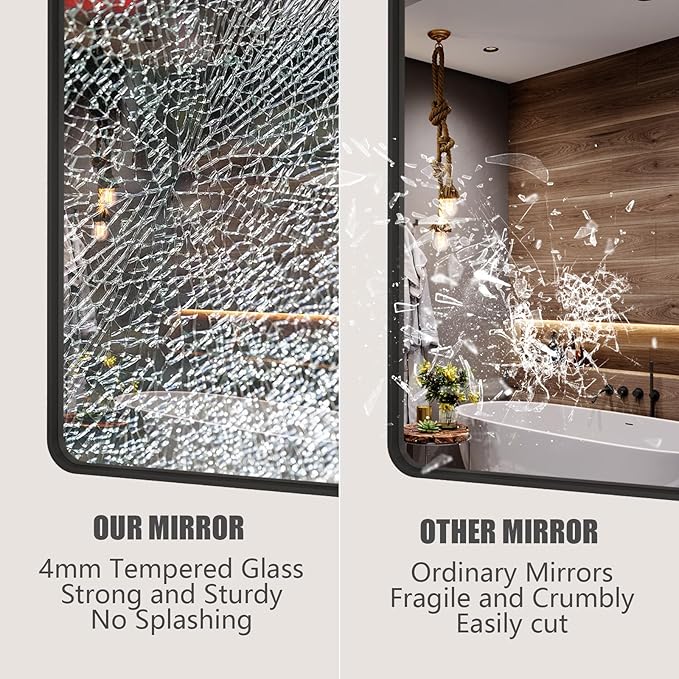 40x36 Inch Black Metal Framed Bathrrom Mirror for Wall, Black Rounded Rectangle Mirror, Matte Black Bathroom Vanity Mirror, Anti-Rust, Tempered Glass, Hangs Horizontally or Vertically