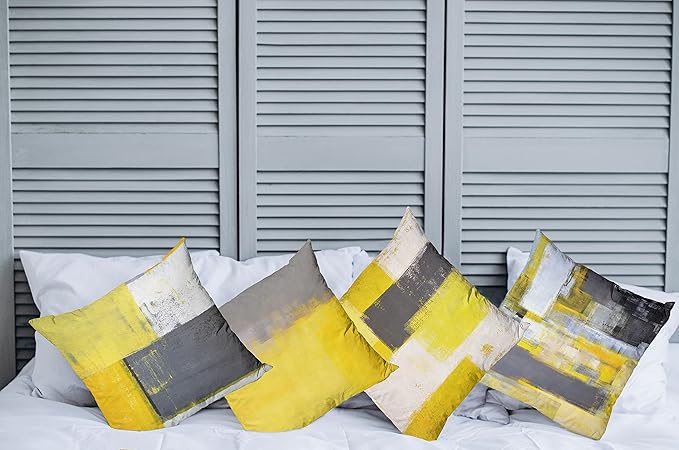 Ambesonne Modern Throw Pillow Cushion Case Pack of 4, Abstract Grunge Themed Geometric Squares with Paintbrush Stroke Effect Ornament, Modern Accent Double-Sided Digital Printing, 24", Yellow Grey